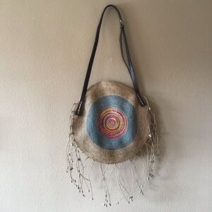 NEW Rabarany Handmade Raffia Woven Fringe Beaded Shoulder Bag (16”x16”)